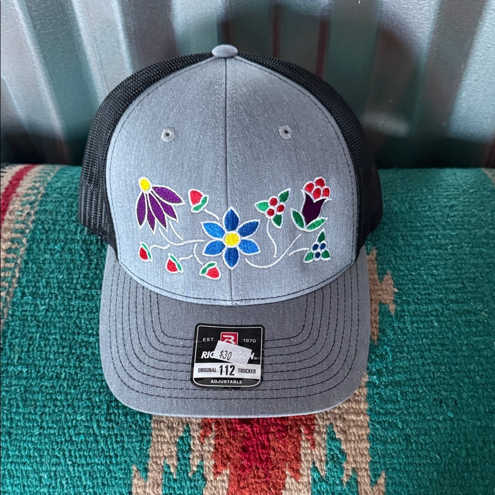 Floral Embroidered Gray Trucker Hat